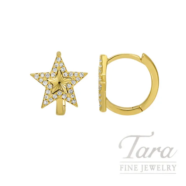 18K Yellow Gold Diamond Star Hoop Earrings, 0.14TDW