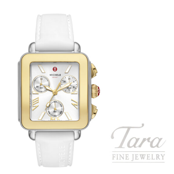 MICHELE Deco Sport Chronograph Gold-Plated White Silicone Watch, 36mm Case