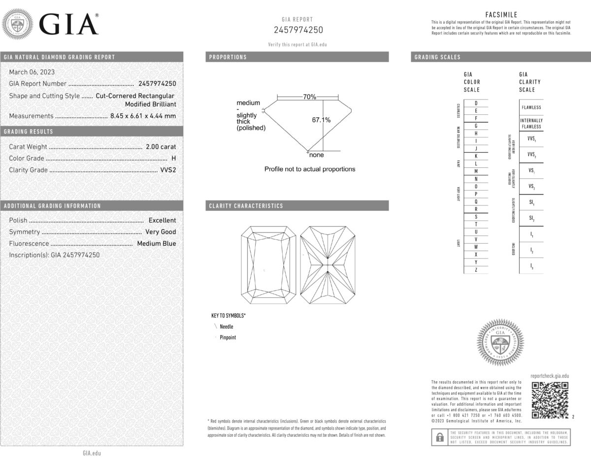 2.00CT. GIA Radiant Cut H-VVS2 Natural Diamond