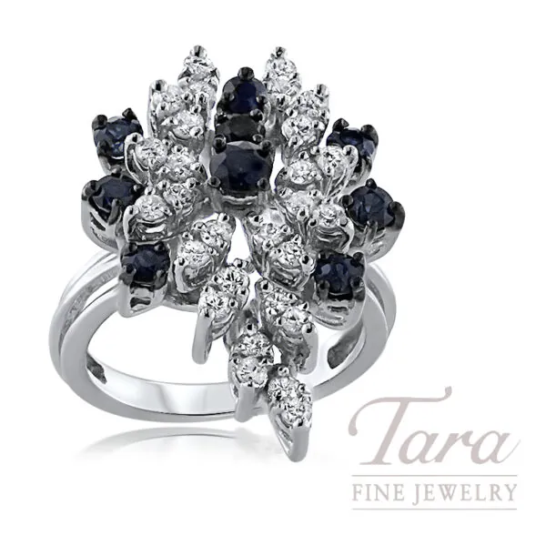 14K White Gold Diamond Sapphire Cluster Ring 1.00TGW, .70TDW