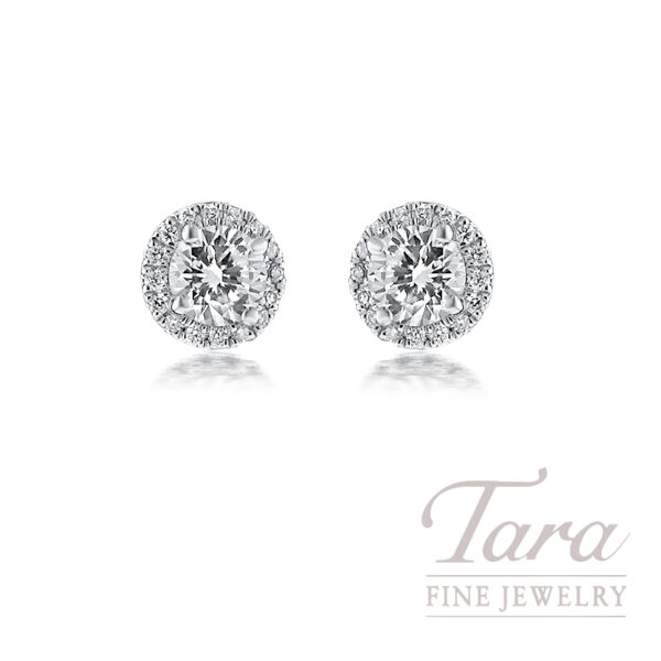 18K White Gold Diamond Halo Stud Earring, 0.60TDW