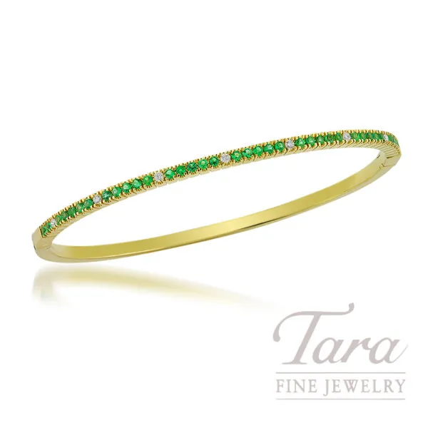 18K Yellow Gold Emerald and Diamond Bangle, Emerald 0.54TGW, Diamonds 0.11TDW