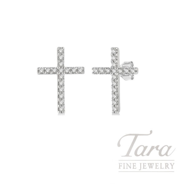 14K White Gold Diamond Petite Cross Earrings 0.10TDW, 0.9G