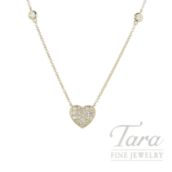 18K Yellow Gold Pave Diamond Heart Necklace 0.31TW, 3.8G