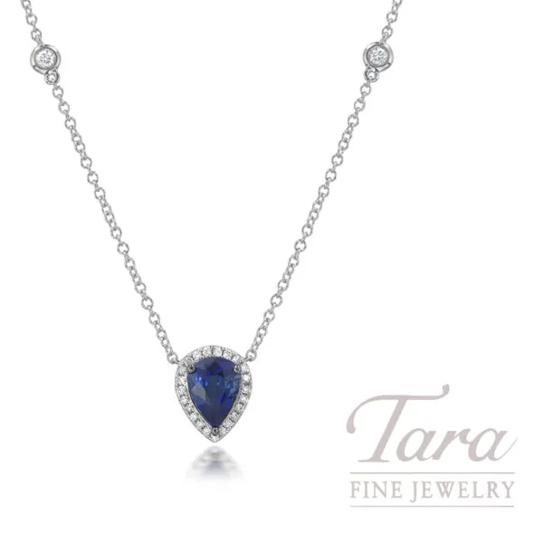 18K White Gold Pear Shape Blue Sapphire and Diamond Necklace, Sapphire 1.69CT, Diamonds 0.24TDW