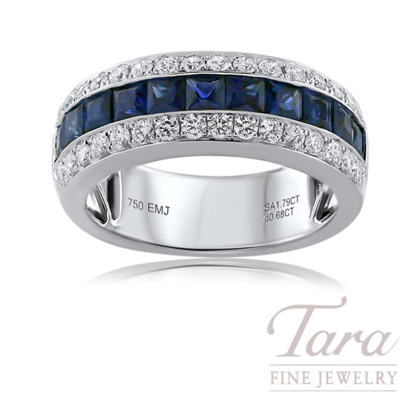 18K White Gold Blue Sapphire Diamond Band 1.79TGW, 0.68TDW