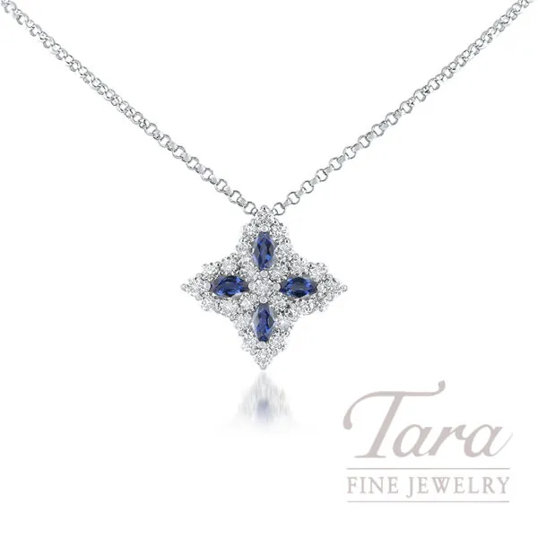 Roberto Coin 18K White Gold Blue Sapphire and Diamond Princess Flower Pendant, 0.82TW