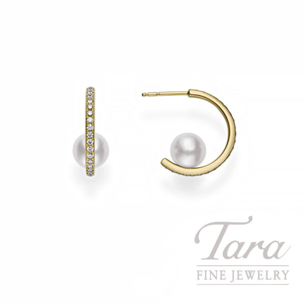 Mikimoto 18K Yellow Gold 7.5MM Akoya Pearl and Diamond Earrings, 0.46TDW