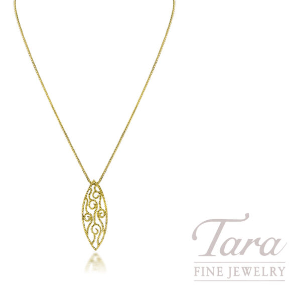 18K Yellow Gold Diamond Filigree Pendant Wheat Chain Necklace .54CT TW