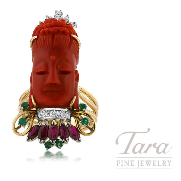 14K Yellow Gold Carved Coral Multi-Gem Diamond Princess Estate Ring, 11.3G