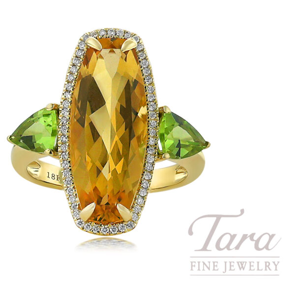 18K Yellow Gold Citrine Peridot Diamond Ring 4.01TGW, .16TDW