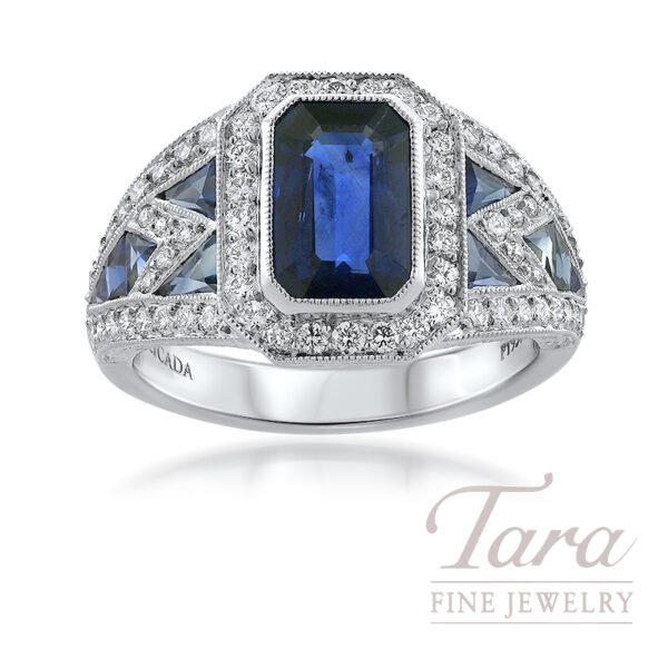 Platinum Blue Sapphire and Diamond Ring, Blue Sapphire 5.60TGW, Diamonds 0.70TDW