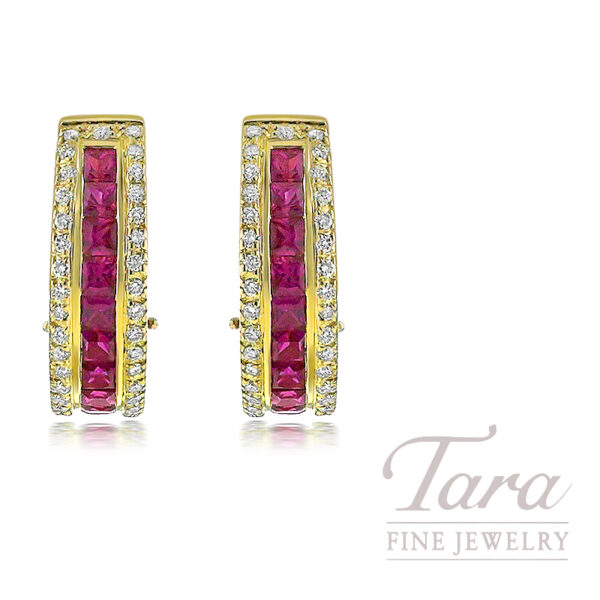 18K Yellow Gold Ruby and Diamond Earrings, Rubies 1.86TW, Diamonds .50TW