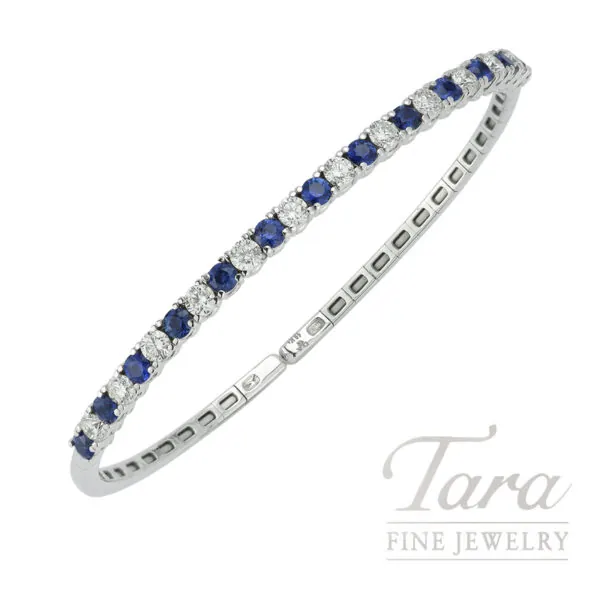 18K White Gold Blue Sapphire & Diamond Bangle, 1.50TGW, 1.20TDW
