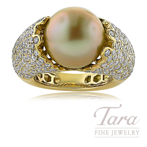 18K Yellow Gold Golden South Sea Pearl and Diamond Ring,13.0MM Golden South Sea Pearl, 252 Diamonds 4.05TDW
