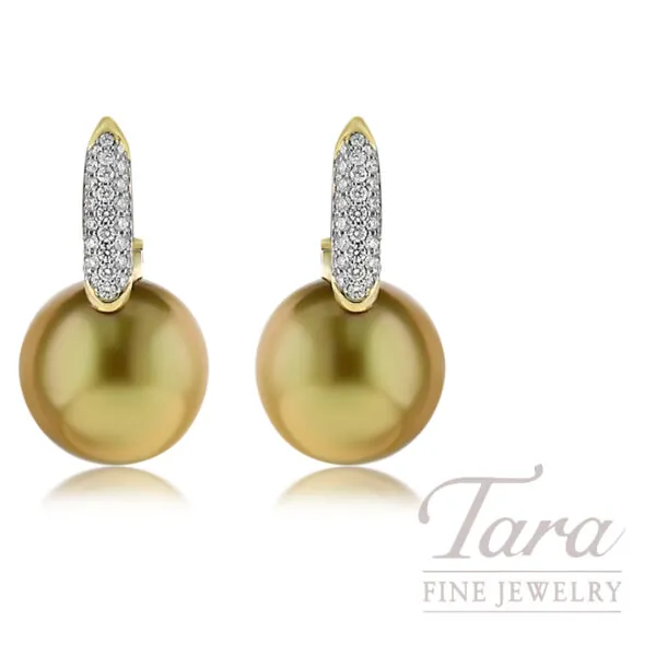 Mikimoto 18K Yellow Gold Golden South Sea Pearl and Diamond Earrings 11.0MM, .27TDW