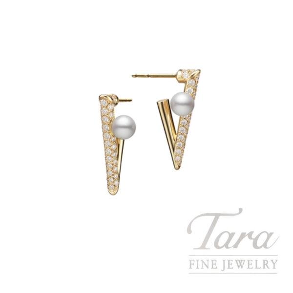 Mikimoto 18K Yellow Gold Akoya Cultured Pearl and Diamond V Code Earrings