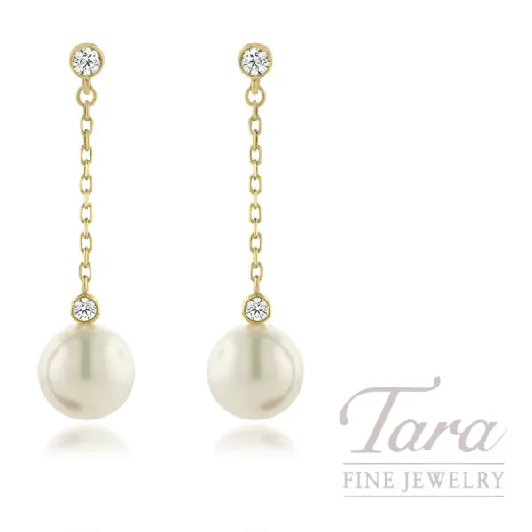 Mikimoto 18K Yellow Gold Pearl and Diamond Drop Earrings