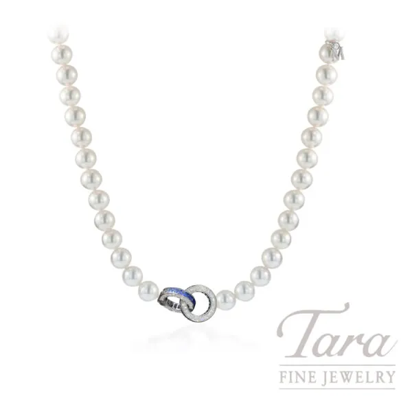 Mikimoto 18K White Gold Akoya Pearl Necklace with Blue Sapphire and Diamond Clasp