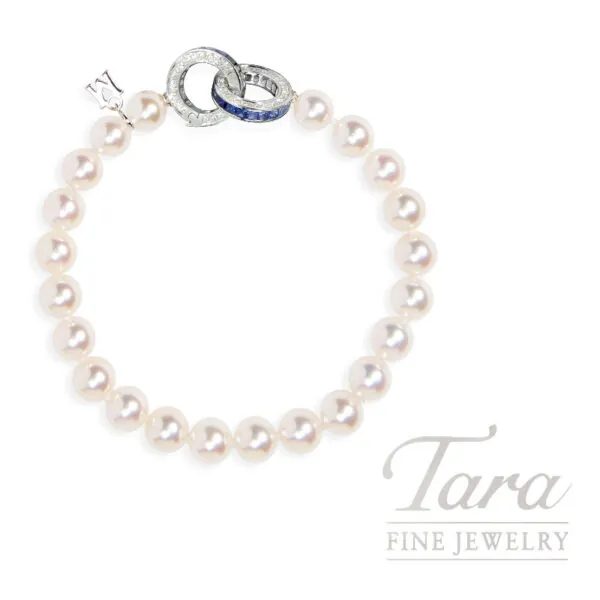 Mikimoto 18K White Ggold Akoya Pearl Bracelet with Blue Sapphire and Diamond Clasp, 7"