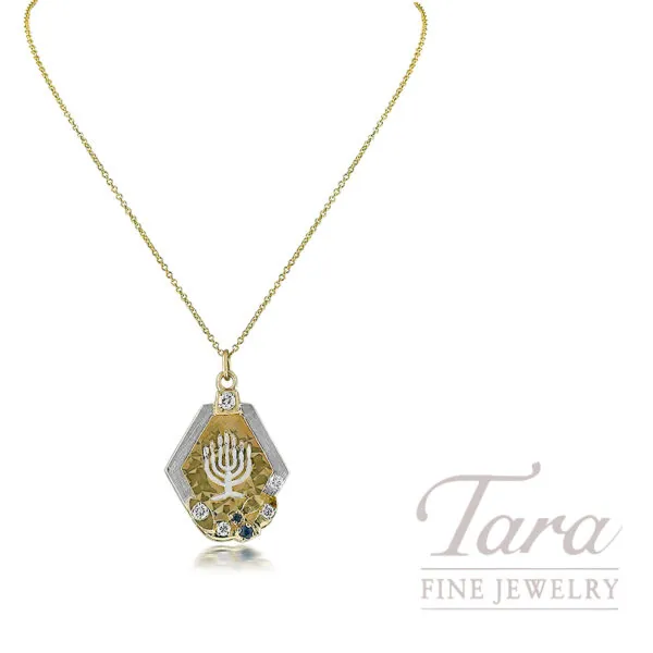 14K Yellow Gold Menorah Diamond Sapphire Pendant Necklace .28TDW, .08TGW