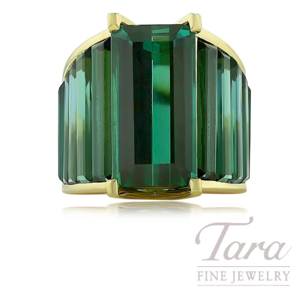 Spectacular 18K Yellow Gold Emerald Cut Green Tourmaline Diamond Ring 23.5G