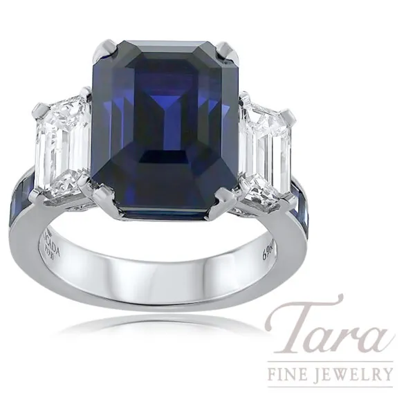 Platinum Blue Sapphire Diamond Ring, Sapphires 14.20TW, Diamonds 2.05TW
