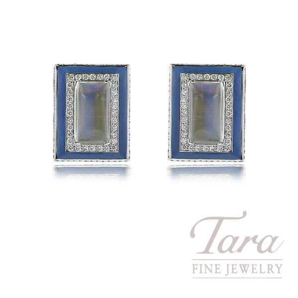 Platinum Blue Enamel Diamond Moonstone Earrings 19.7G