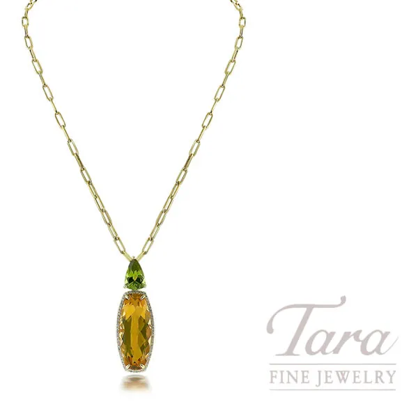 18K Yellow Gold Citrine Peridot Diamond Pendant Necklace 4.7G