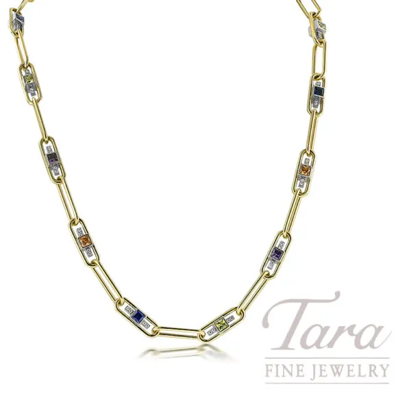 Spectacular 18K Yellow Gold and Platinum Spessartite Saphhire Diamond Necklace 61.0G