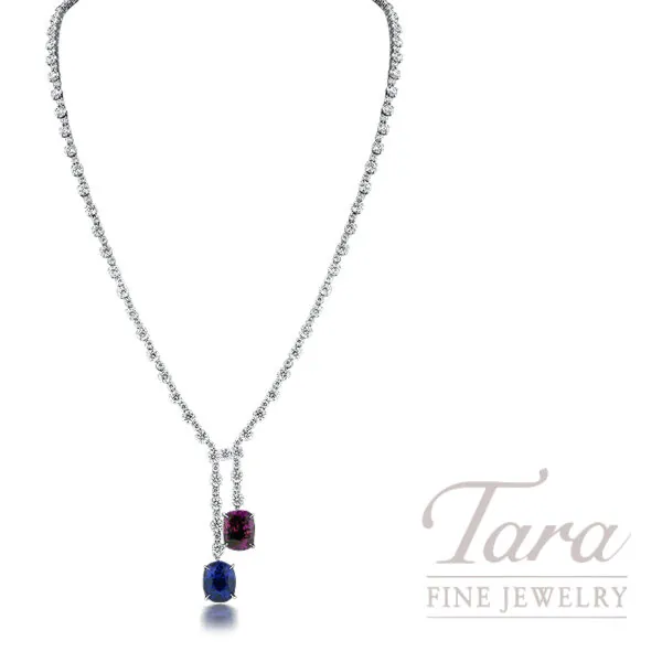 Magnificent Platinum Blue Sapphire and Pink Sapphire Diamond Pendant Necklace 12.07TGW, 13.90TDW
