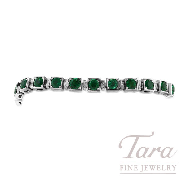 Platinum Emerald Diamond Tennis Bracelet, Emeralds 11.92TW, Diamonds 0.17TW, 7"