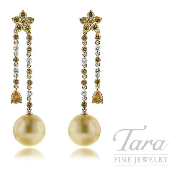 18K White and Yellow Gold South Sea Pearl White Diamond and Fancy Yellow Diamond Earrings, 10.25MM Pearls