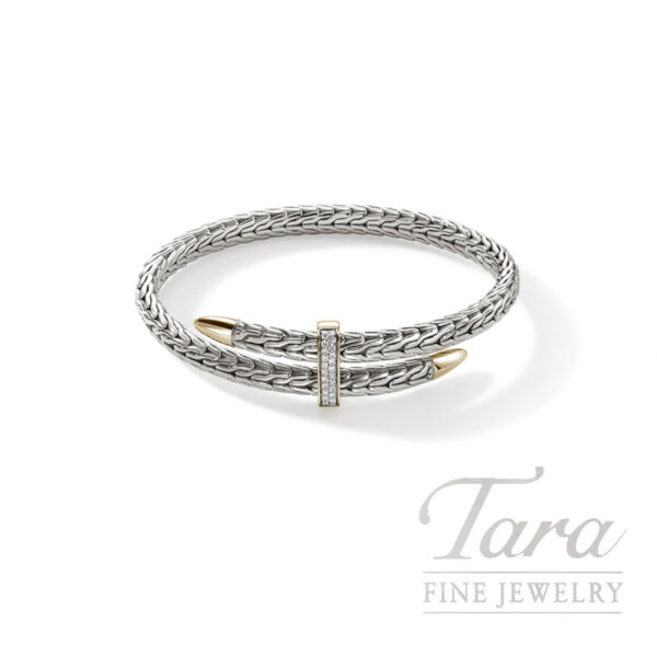 John Hardy Spear Flex Cuff, Sterling Silver, Gold, Diamonds 5.5MM