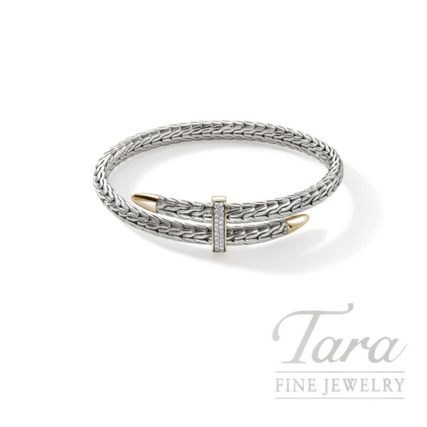 John Hardy Spear Flex Cuff, Sterling Silver, Gold, Diamonds 5.5MM