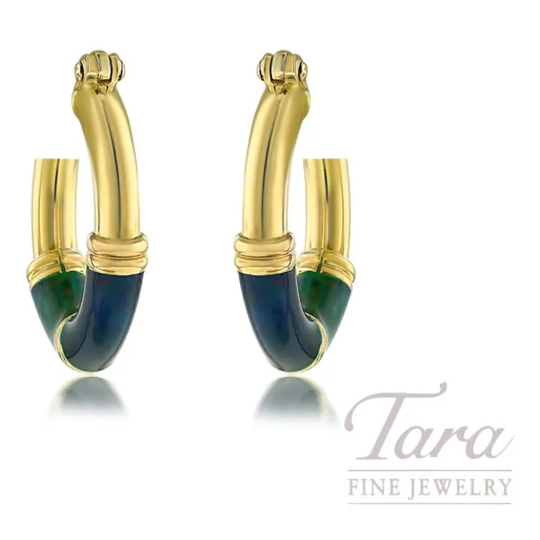 14K Yellow Gold Blue Green Enamel Hoop Earrings 4.9G