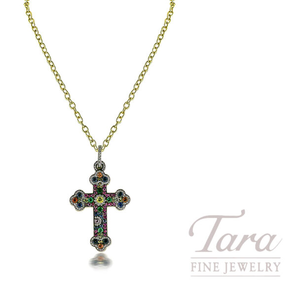 Norman Covan 18K Yellow and White Gold Mosaic Sapphire Diamond Reversible Cross Pendant and Necklace 4.00TGW, .90TDW