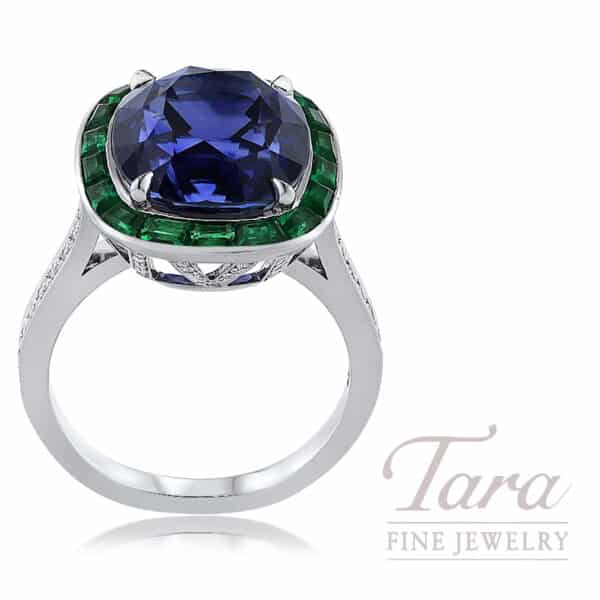 Magnificent Platinum Blue Sapphire Emerald Diamond Ring 9.4G