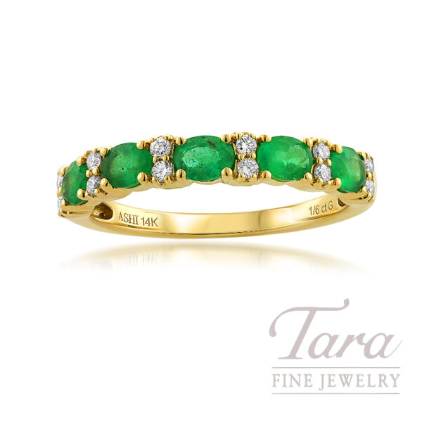 14K Yellow Gold Emerald and Diamond Band, Emeralds 0.65TGW, Diamonds 0.15TDW