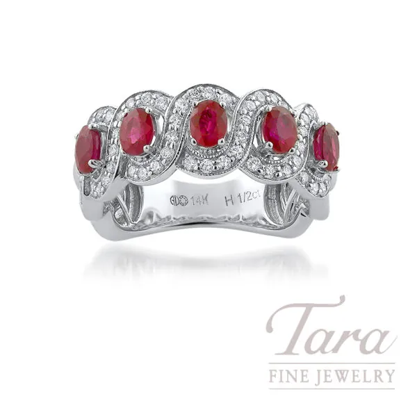14K White Gold Oval Ruby and Diamond Band, Diamonds 0.45TDW
