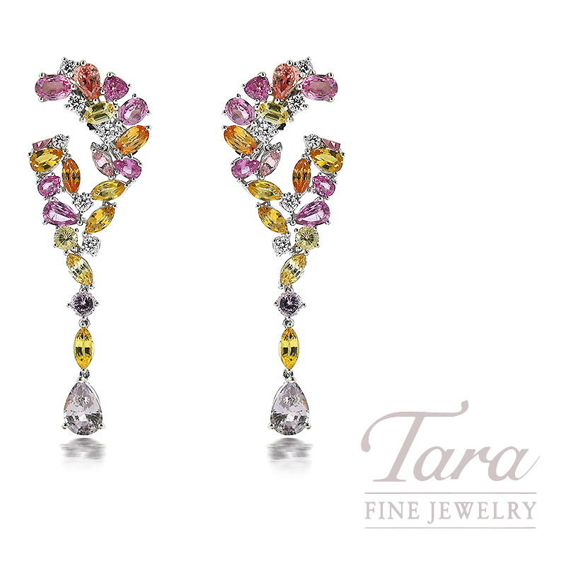 18K White Gold Multi Colored Sapphire and Diamond Earrings 16.30TDW, .85TDW