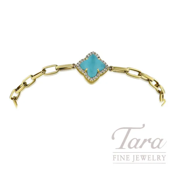 18K Yellow Gold Turquoise Clear Quartz Cabochon Cut Diamond Bracelet 0.12TDW, 3.49TGW