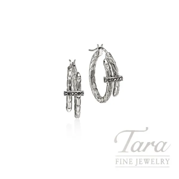 John Hardy Spear Sterling Silver Black Sapphire Hoop Earrings 22.2MM