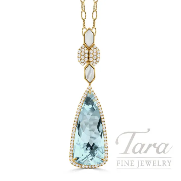 18K Yellow Gold Blue Topaz Diamond Pendant Necklace 13.89TGW, .45TDW