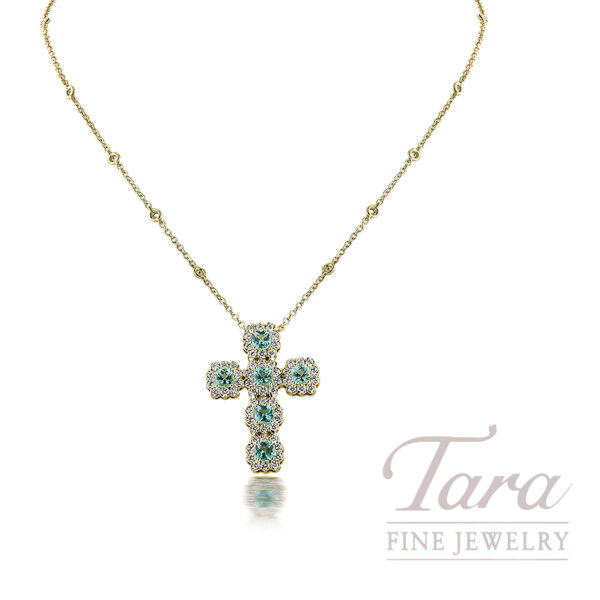 18K Yellow Gold Apatite and Diamond Cross Necklace, 1.85TGW, 1.71TDW