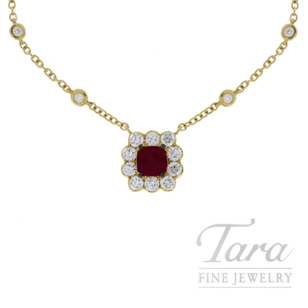 18K Yellow Gold Ruby Diamond Station Pendant Necklace 1.05TGW, 1.02TDW