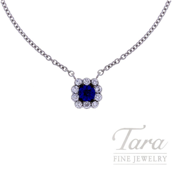 18K White Gold Blue Sapphire Diamond Pendant Necklace 0.42TGW, .26TDW