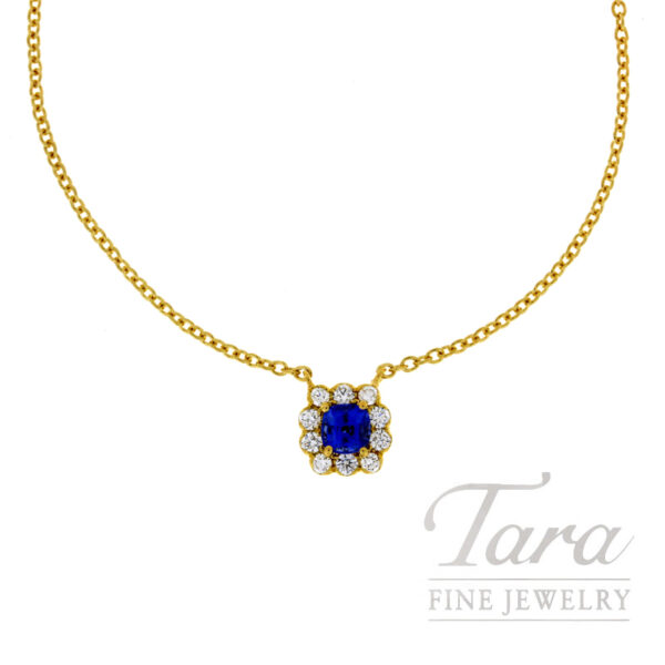18K Yellow Gold Blue Sapphire Diamond Pendant Necklace 0.50TGW, .24TDW