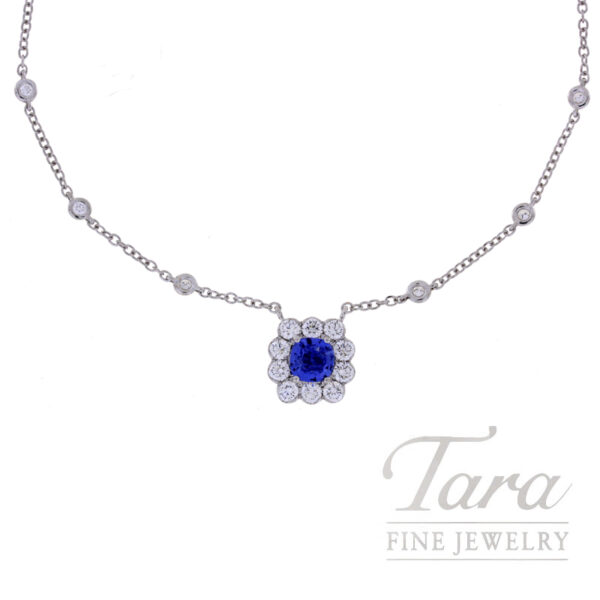18K White Gold Blue Sapphire Diamond Station Pendant Necklace 0.94TGW, .96TDW