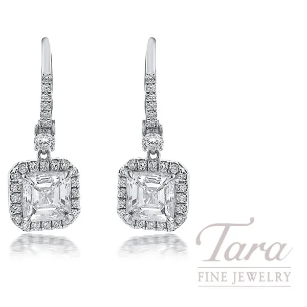 18K White Gold Diamond Halo Drop Earrings 4.35TDW,  I-VS1, J-VS1